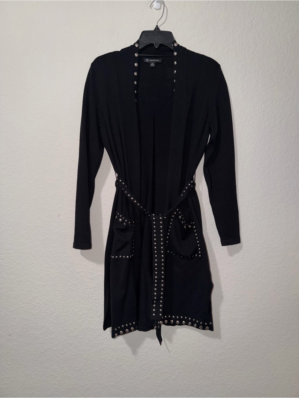 INC International Concepts Black Studded Open Cardigan with belt - Picture 2 of 6